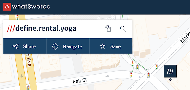 Screenshot of what3words map showing Twitter HQ at define.rental.yoga
