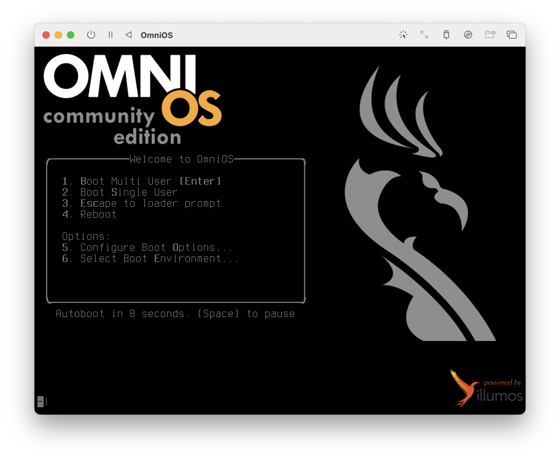 OmniOS boot menu inside a UTM window on a Mac
